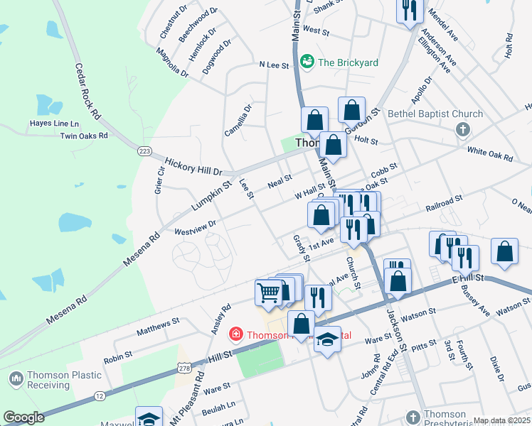 map of restaurants, bars, coffee shops, grocery stores, and more near 220 Lee Street in Thomson