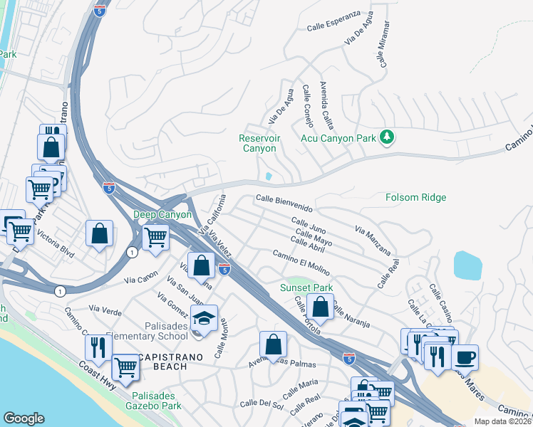 map of restaurants, bars, coffee shops, grocery stores, and more near 4121 Calle Juno in San Clemente