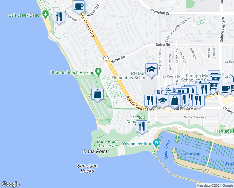 map of restaurants, bars, coffee shops, grocery stores, and more near 34026 Selva Road in Dana Point