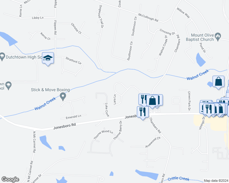 map of restaurants, bars, coffee shops, grocery stores, and more near 345 Lara Lane in McDonough