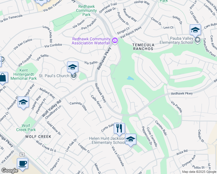 map of restaurants, bars, coffee shops, grocery stores, and more near 45389 Vía Jaca in Temecula