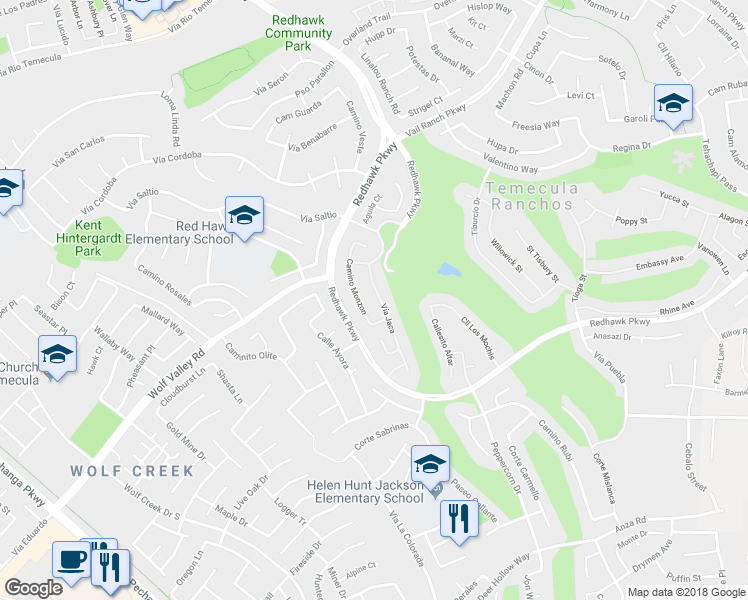 map of restaurants, bars, coffee shops, grocery stores, and more near 45389 Vía Jaca in Temecula