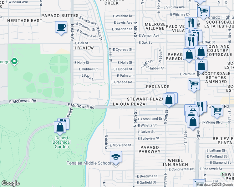 map of restaurants, bars, coffee shops, grocery stores, and more near 6638 East Almeria Road in Scottsdale