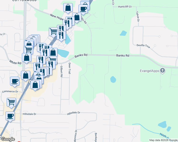 map of restaurants, bars, coffee shops, grocery stores, and more near 134 Hidden Valley Road in Fayetteville