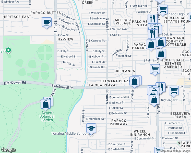 map of restaurants, bars, coffee shops, grocery stores, and more near 6640 East McDowell Road in Scottsdale