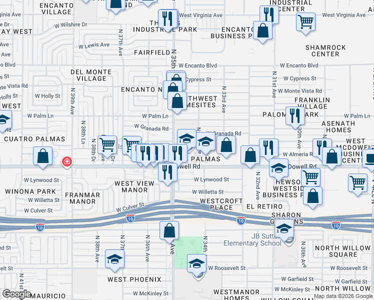 map of restaurants, bars, coffee shops, grocery stores, and more near in Phoenix
