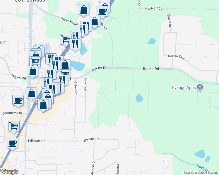 map of restaurants, bars, coffee shops, grocery stores, and more near 134 Hidden Valley Road in Fayetteville