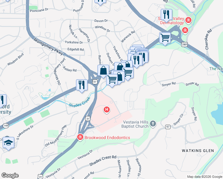 map of restaurants, bars, coffee shops, grocery stores, and more near 531 Brookwood Village in Homewood