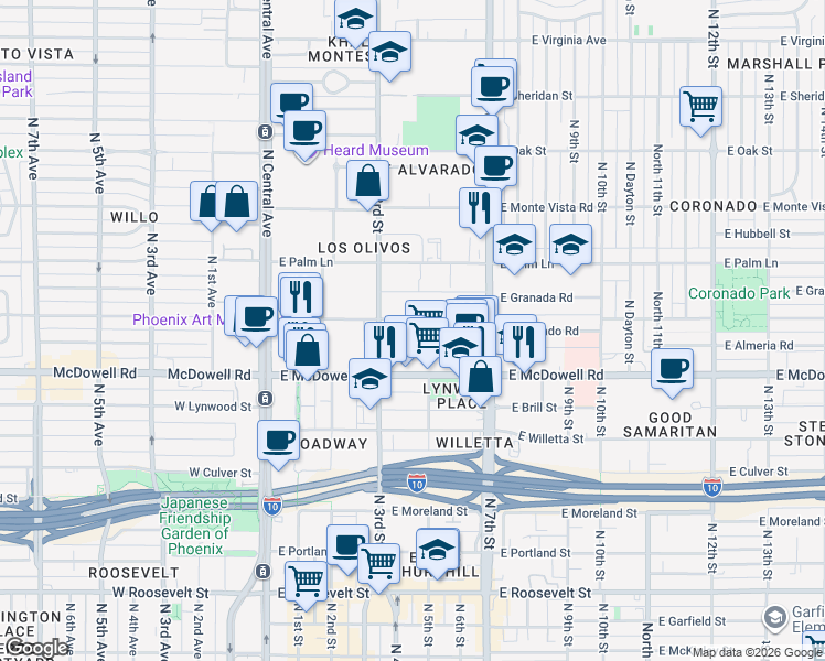 map of restaurants, bars, coffee shops, grocery stores, and more near 326 East McDowell Road in Phoenix