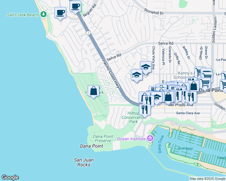 map of restaurants, bars, coffee shops, grocery stores, and more near 34148 Selva Road in Dana Point