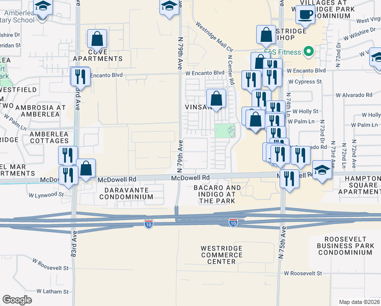 map of restaurants, bars, coffee shops, grocery stores, and more near 7850 West McDowell Road in Phoenix