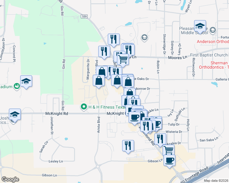 map of restaurants, bars, coffee shops, grocery stores, and more near 3325 Richmond Road in Texarkana