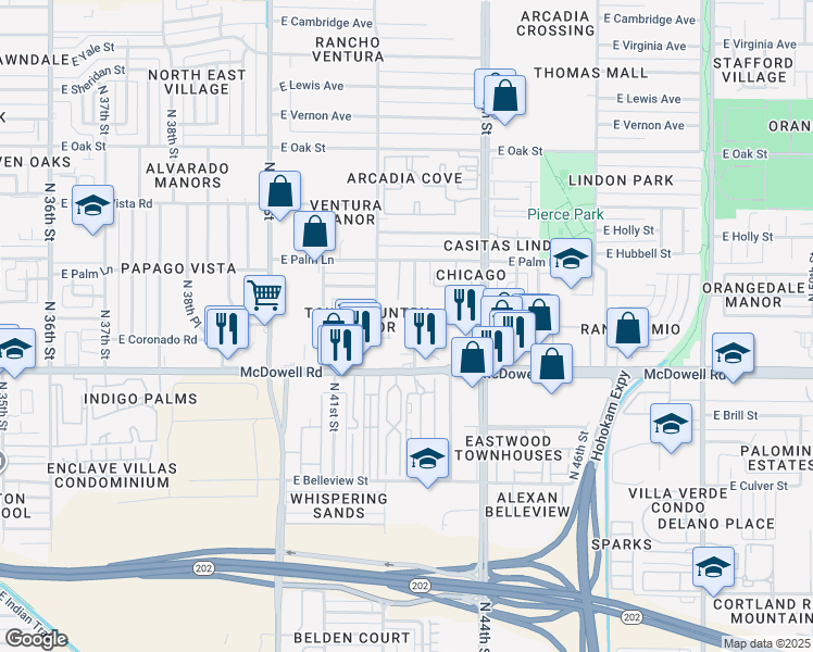 map of restaurants, bars, coffee shops, grocery stores, and more near 1626 North 43rd Street in Phoenix