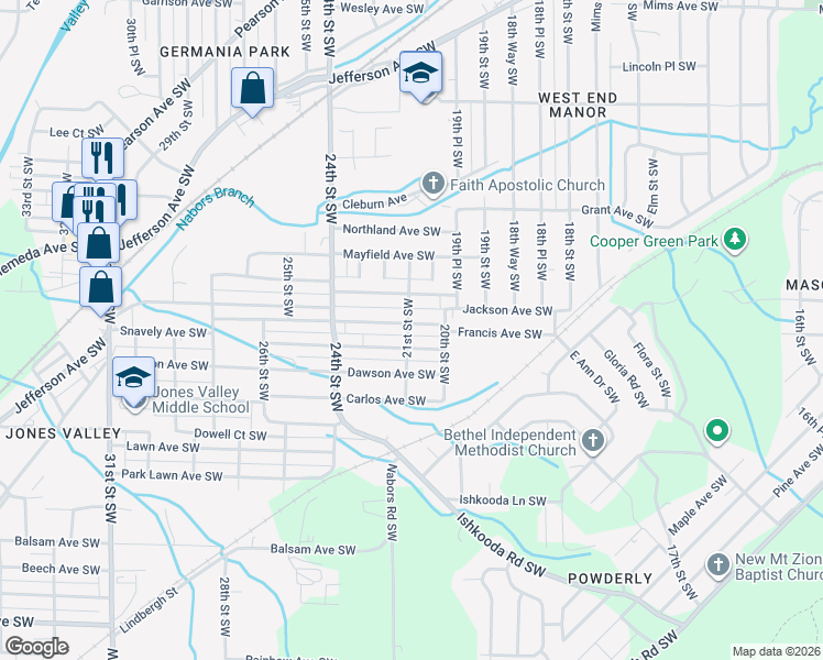 map of restaurants, bars, coffee shops, grocery stores, and more near 2033 Francis Avenue Southwest in Birmingham