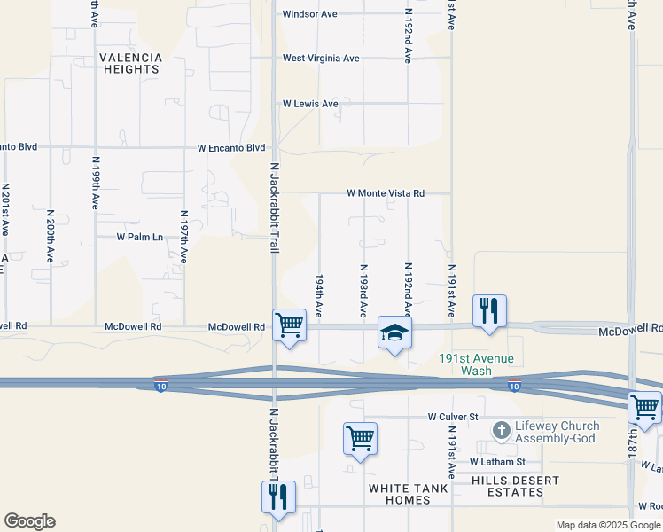 map of restaurants, bars, coffee shops, grocery stores, and more near 1801 North 194th Avenue in Buckeye