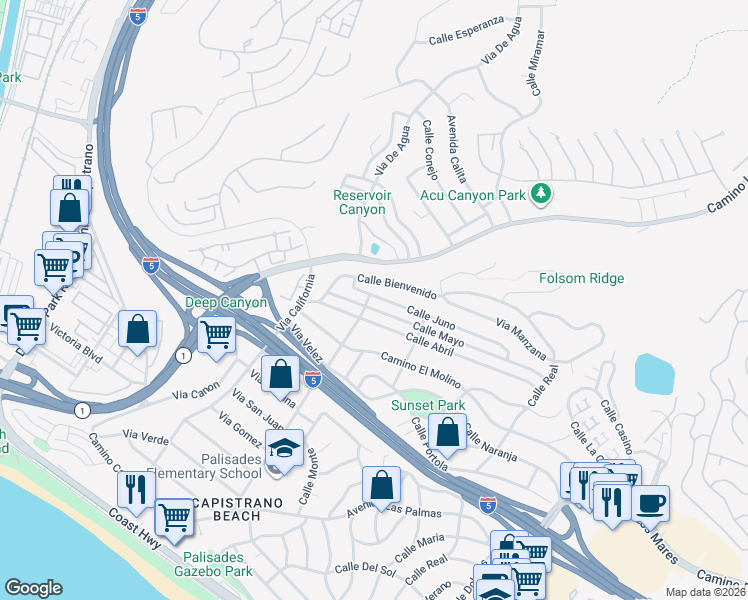 map of restaurants, bars, coffee shops, grocery stores, and more near 4121 Calle Juno in San Clemente