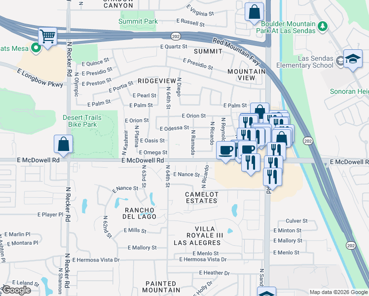 map of restaurants, bars, coffee shops, grocery stores, and more near 2758 North Rugby Circle in Mesa