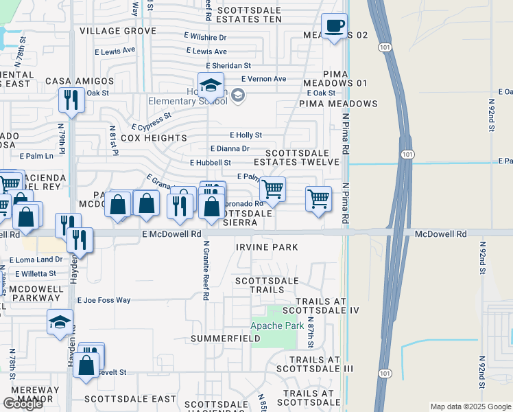 map of restaurants, bars, coffee shops, grocery stores, and more near 8550 East McDowell Road in Scottsdale