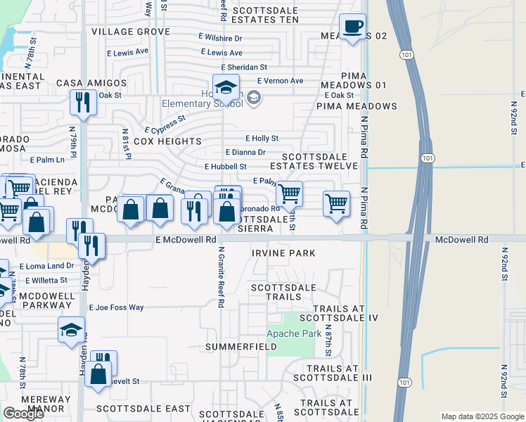 map of restaurants, bars, coffee shops, grocery stores, and more near 8550 East McDowell Road in Scottsdale