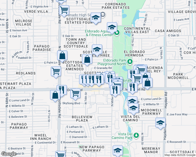 map of restaurants, bars, coffee shops, grocery stores, and more near 7459 East Almeria Road in Scottsdale