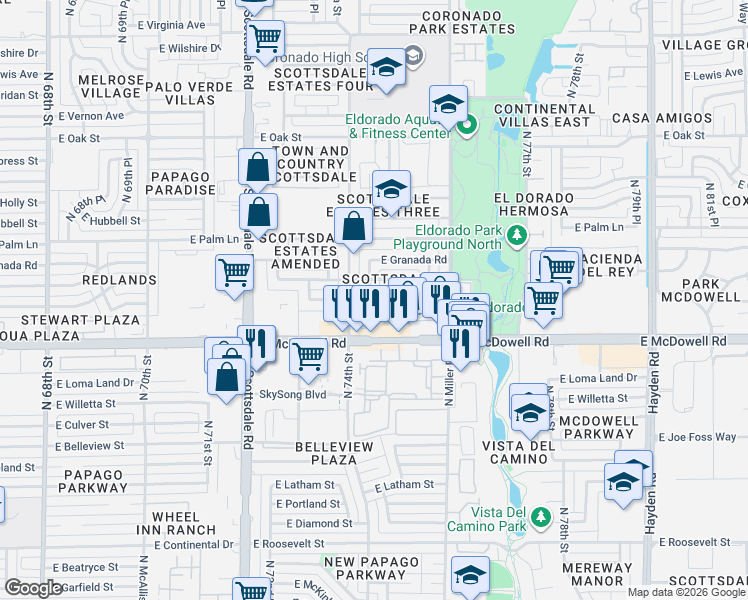 map of restaurants, bars, coffee shops, grocery stores, and more near 7417 East Almeria Road in Scottsdale