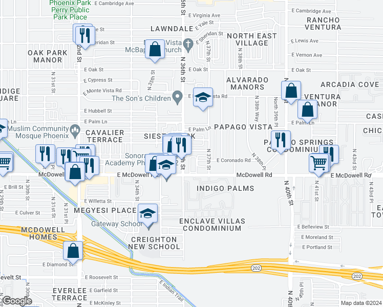 map of restaurants, bars, coffee shops, grocery stores, and more near 1615 North 36th Street in Phoenix
