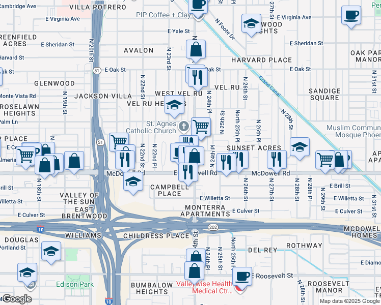 map of restaurants, bars, coffee shops, grocery stores, and more near in Phoenix