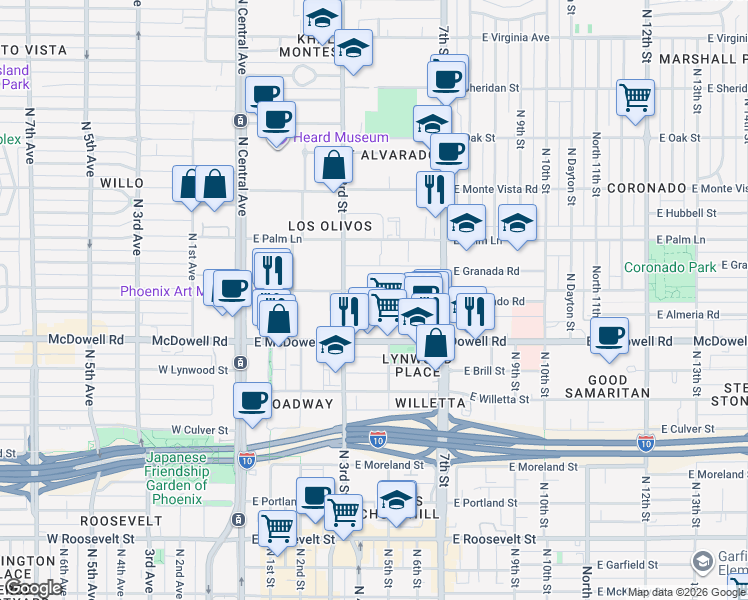 map of restaurants, bars, coffee shops, grocery stores, and more near 326 East McDowell Road in Phoenix