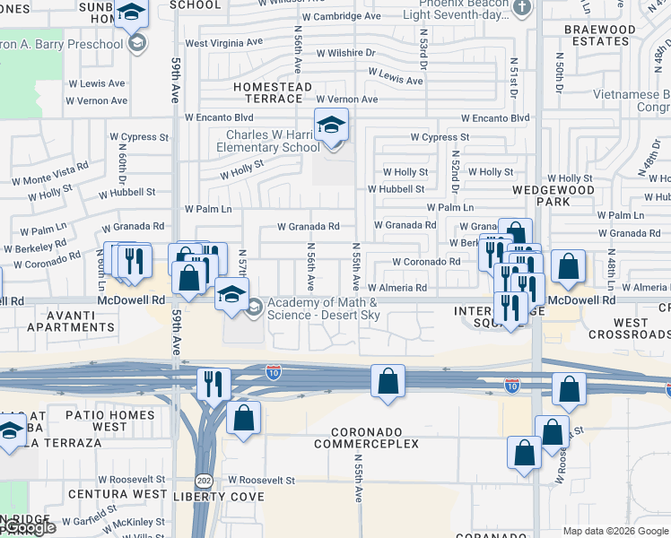 map of restaurants, bars, coffee shops, grocery stores, and more near 1608 North 55th Drive in Phoenix