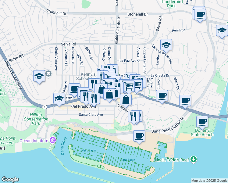 map of restaurants, bars, coffee shops, grocery stores, and more near in Dana Point