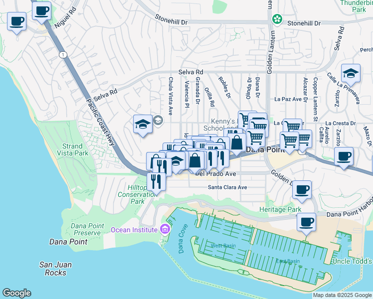 map of restaurants, bars, coffee shops, grocery stores, and more near 34171 Street of the Ruby Lantern in Dana Point