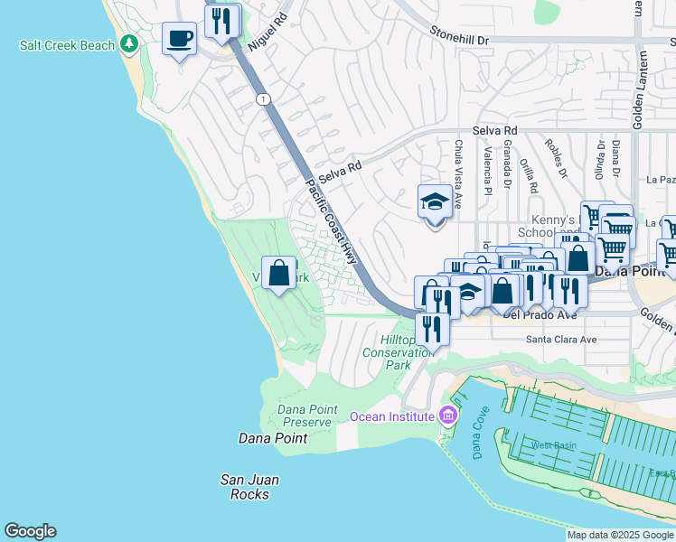 map of restaurants, bars, coffee shops, grocery stores, and more near 34130 Selva Road in Dana Point