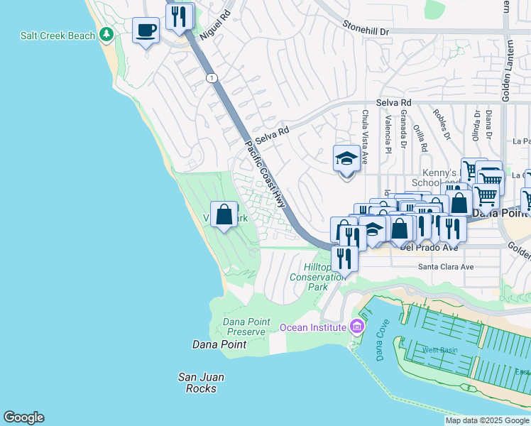 map of restaurants, bars, coffee shops, grocery stores, and more near 34130 Selva Road in Dana Point