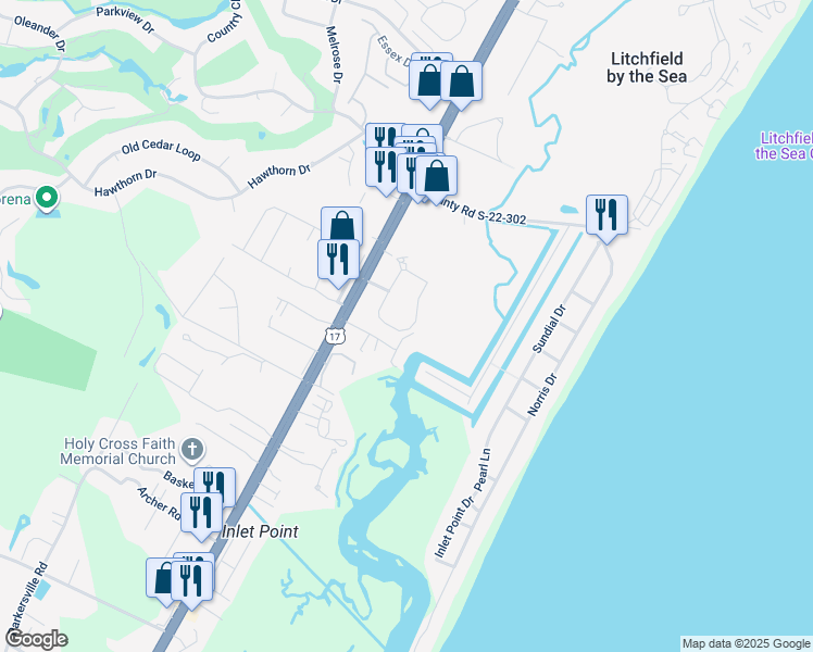 map of restaurants, bars, coffee shops, grocery stores, and more near 130 Comfort Lane in Pawleys Island