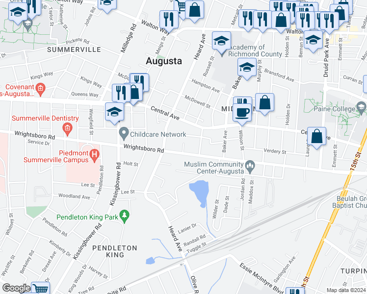 map of restaurants, bars, coffee shops, grocery stores, and more near 2024 Wrightsboro Road in Augusta
