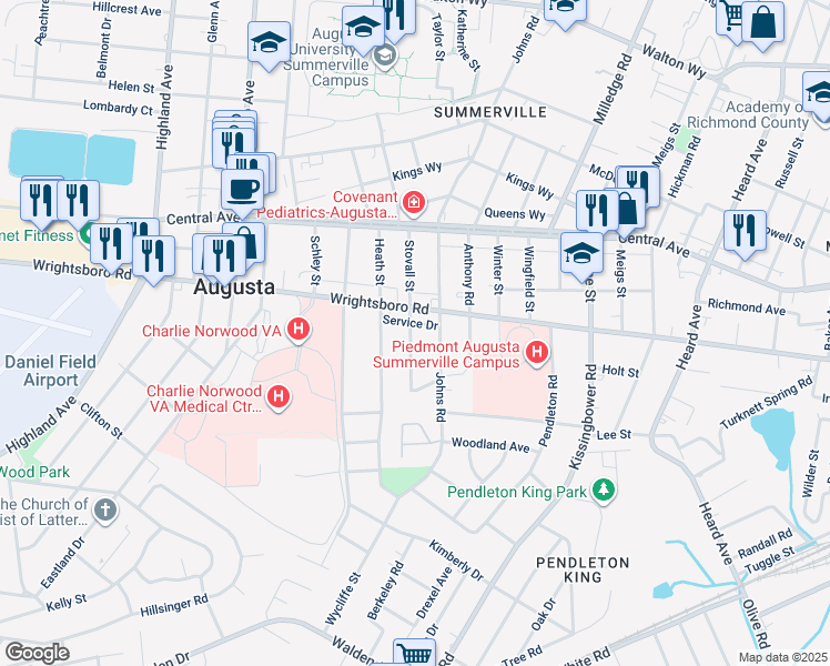 map of restaurants, bars, coffee shops, grocery stores, and more near 1522 Stovall Street in Augusta