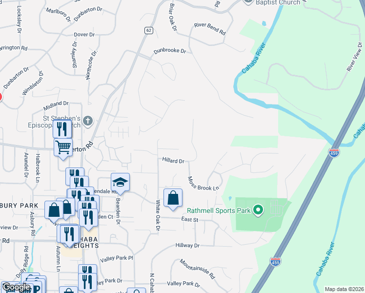 map of restaurants, bars, coffee shops, grocery stores, and more near 3316 Hillard Drive in Vestavia Hills