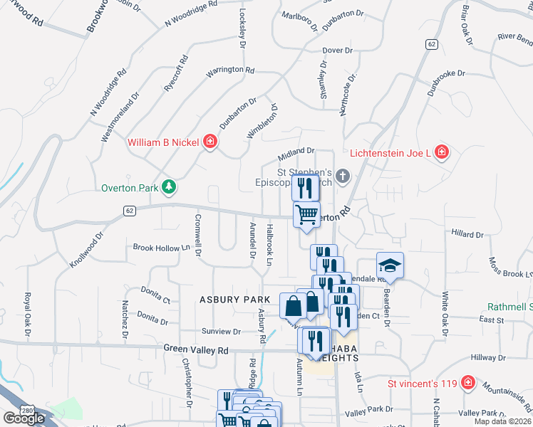 map of restaurants, bars, coffee shops, grocery stores, and more near 3805 Arundel Drive in Birmingham