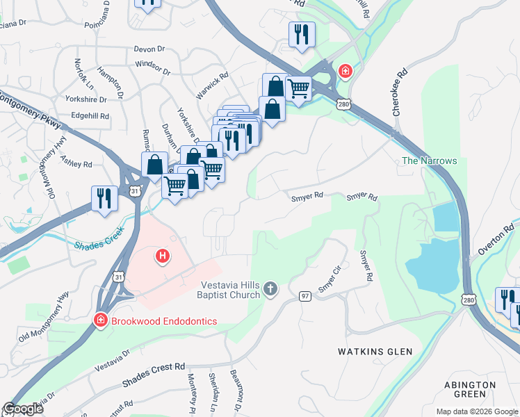 map of restaurants, bars, coffee shops, grocery stores, and more near 1500 Amherst Circle in Mountain Brook