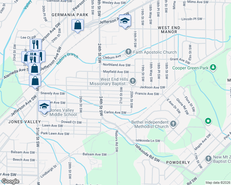 map of restaurants, bars, coffee shops, grocery stores, and more near 2133 Snavely Avenue Southwest in Birmingham