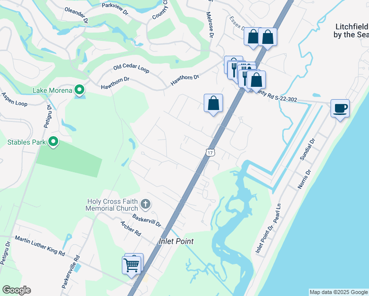 map of restaurants, bars, coffee shops, grocery stores, and more near 124 Weatherboard Court in Pawleys Island