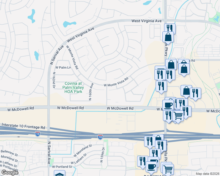 map of restaurants, bars, coffee shops, grocery stores, and more near 3266 North 159th Avenue in Goodyear