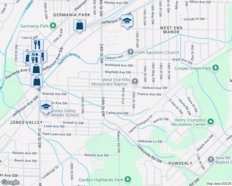 map of restaurants, bars, coffee shops, grocery stores, and more near 2133 Snavely Avenue Southwest in Birmingham