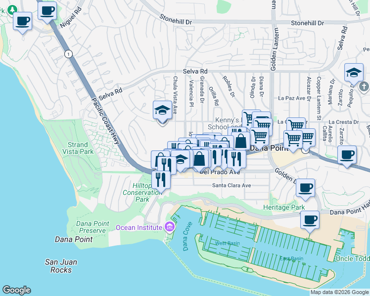 map of restaurants, bars, coffee shops, grocery stores, and more near 34142 Street of the Blue Lantern in Dana Point