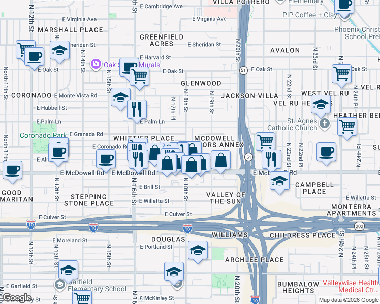map of restaurants, bars, coffee shops, grocery stores, and more near 1707 North 18th Street in Phoenix
