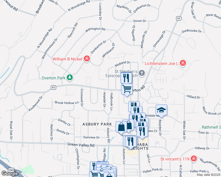 map of restaurants, bars, coffee shops, grocery stores, and more near 3805 Arundel Drive in Birmingham