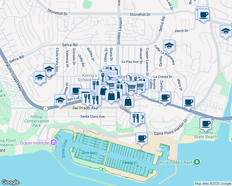 map of restaurants, bars, coffee shops, grocery stores, and more near 33852 Del Obispo Street in Dana Point