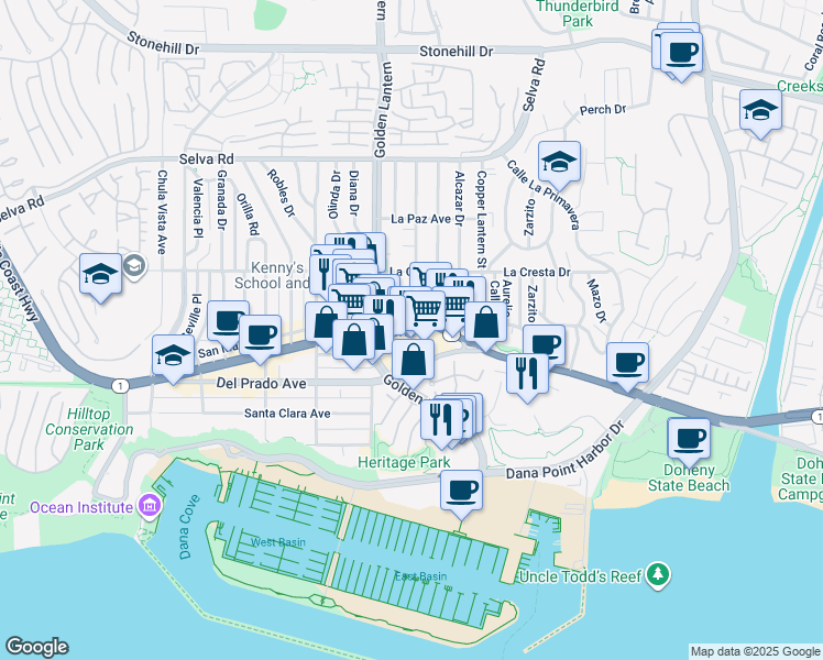 map of restaurants, bars, coffee shops, grocery stores, and more near 24871 Del Prado Avenue in Dana Point