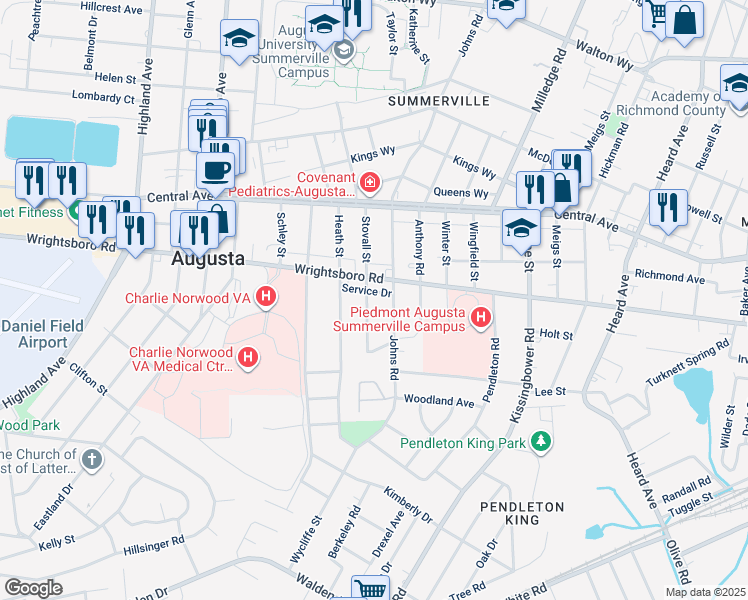 map of restaurants, bars, coffee shops, grocery stores, and more near 1510 Stovall Street in Augusta