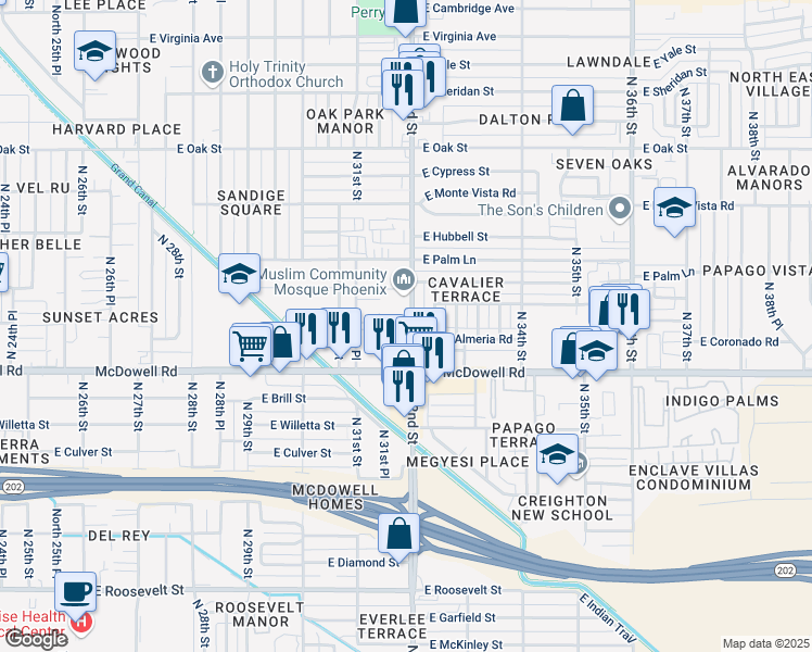 map of restaurants, bars, coffee shops, grocery stores, and more near in Phoenix